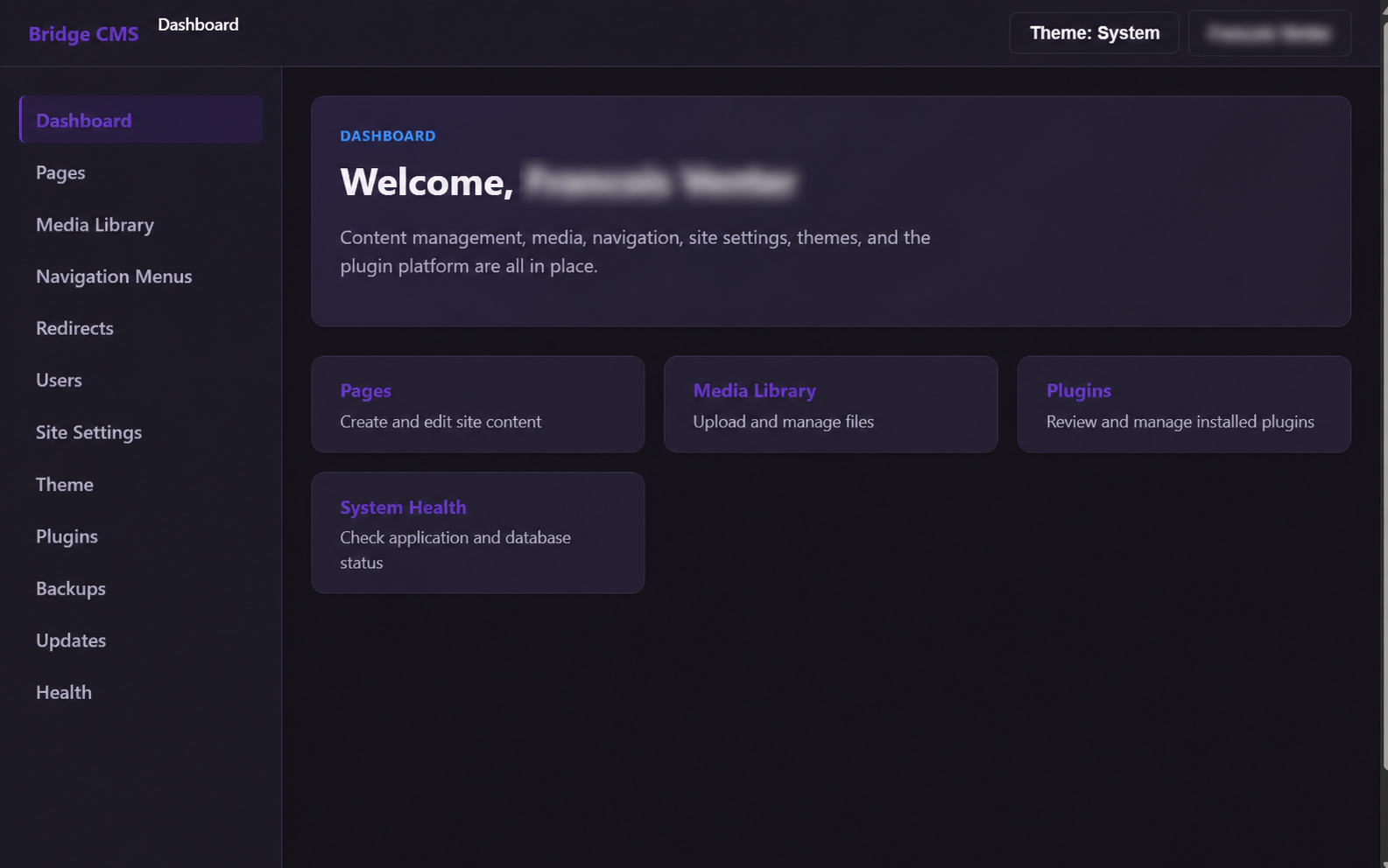 Bridge CMS administration dashboard with administrator identity blurred