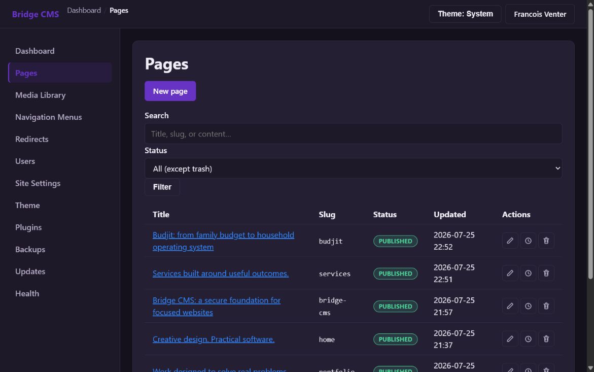 Bridge CMS page management workspace