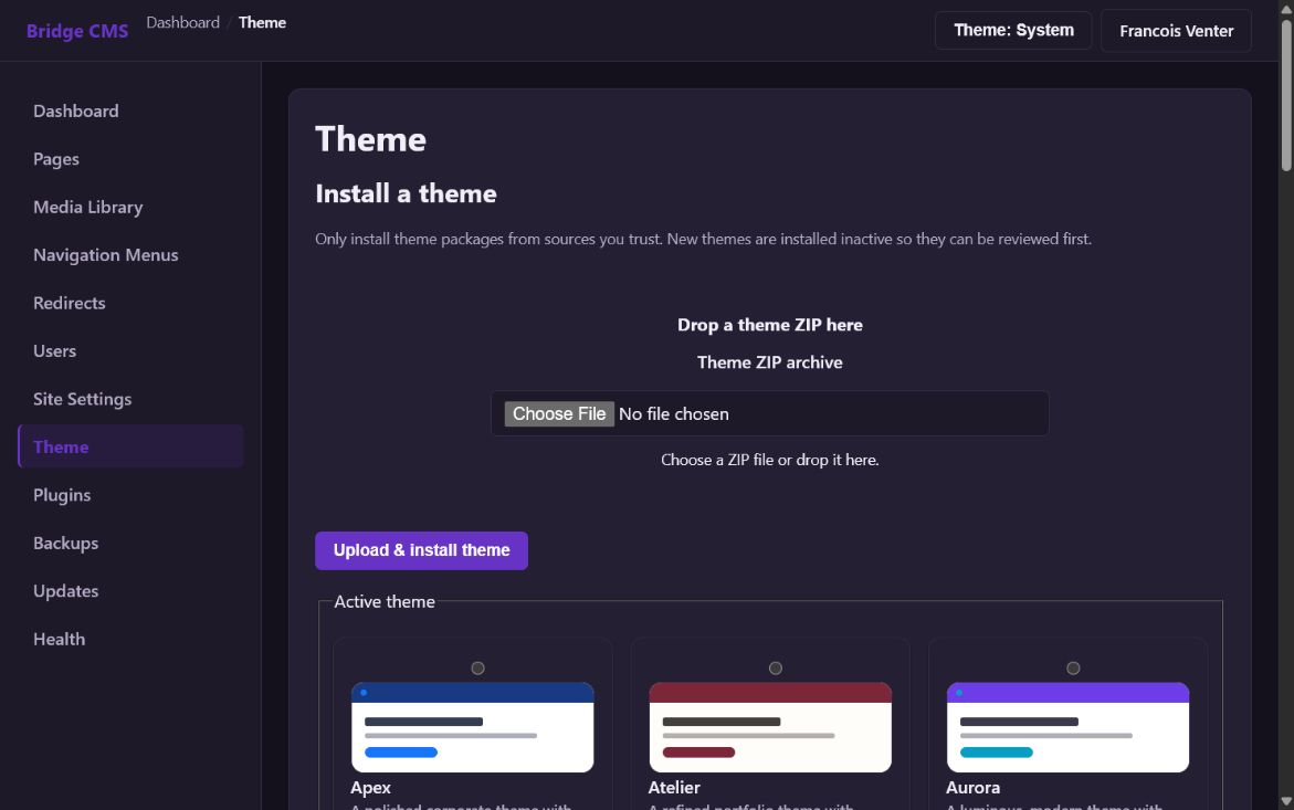 Bridge CMS theme installation and selection workspace