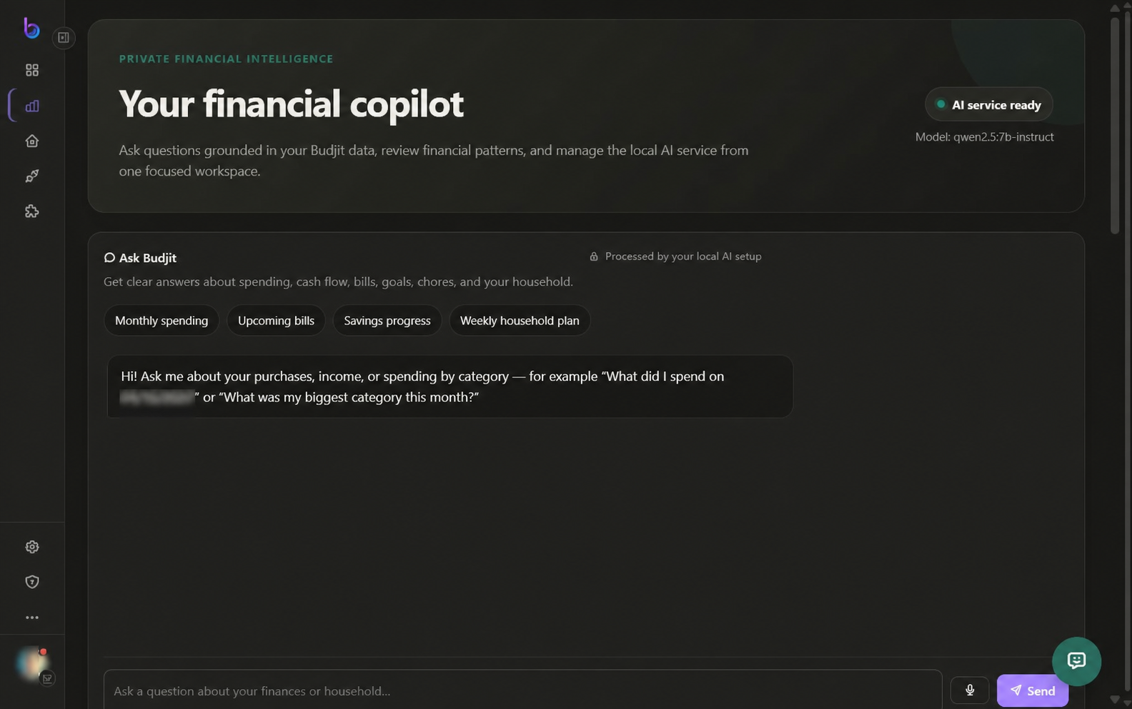 Budjit AI workspace with private details blurred