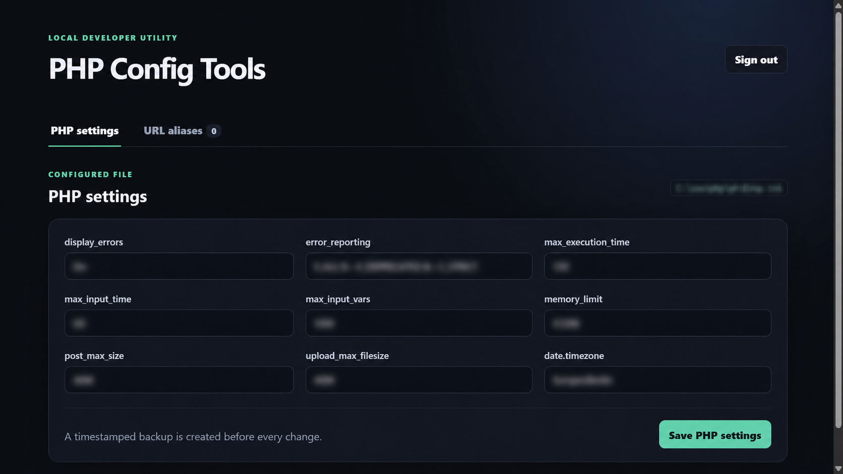 PHP Config Tools settings workspace with paths and values blurred