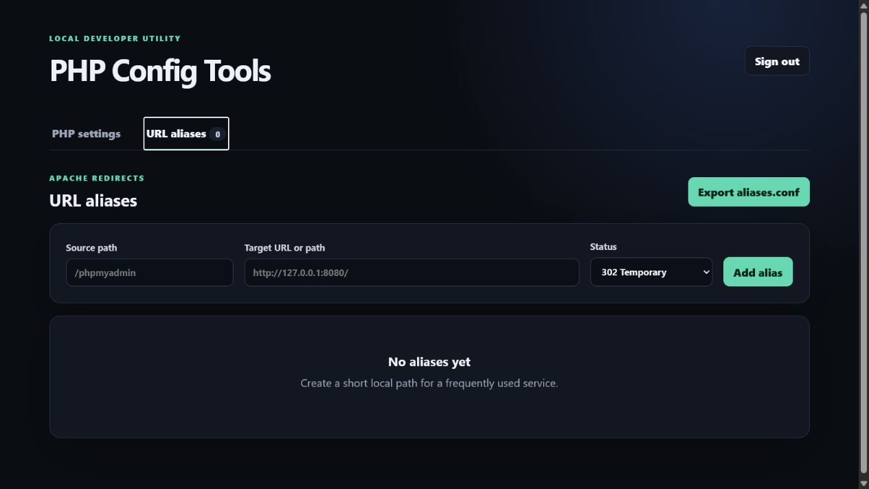 PHP Config Tools URL alias management workspace