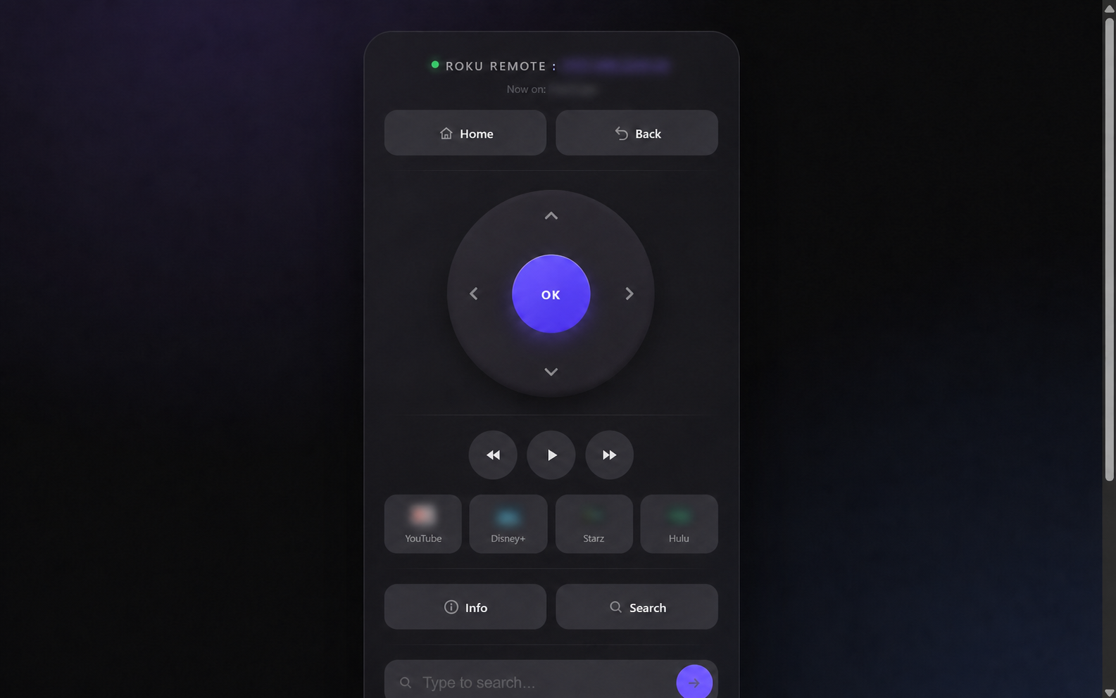 Roku Remote interface with private network and activity details blurred